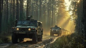 Military transport vehicles move along a muddy path in a dense forest, rays of sunshine streaming through tall trees, creating a tranquil yet dynamic atmosphere. photo