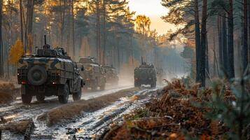 Military personnel maneuver armored vehicles through a muddy track in a dense forest, surrounded by tall trees and autumn foliage at dawn, creating a misty atmosphere. photo