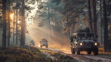 A convoy of military vehicles moves along a dirt road in a forest at dawn, with rays of sunlight filtering through the trees, illuminating the tranquil scenery. photo