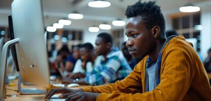 Groups of young people concentrate on their computer tasks in a modern tech space, illuminated by soft overhead lighting, fostering a productive atmosphere in the evening. photo