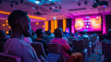 Attendees focus on a presentation at a technology conference held in an upscale venue, enjoying colorful lighting and interactive discussions during the evening gathering. photo