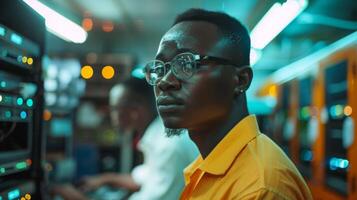 A dedicated individual is engaged in work at a technology hub during evening hours, showcasing a serious expression while operating equipment and servers in the background. photo