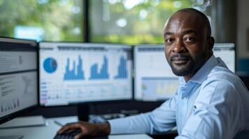 A skilled professional sits at a desk in a contemporary office, focused on analyzing data displayed on several monitors that showcase various graphs and charts. photo
