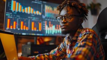 A focused individual with glasses is seated at a desk, studying various graphical data displayed on large screens in a contemporary workspace during the evening hours. photo