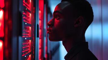 A young individual observes server racks that glow with red lights inside a data center in the evening. The environment emphasizes the high tech atmosphere and modernity. photo