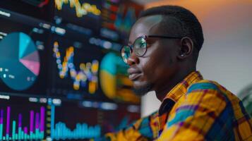 A young professional analyzes data on multiple screens filled with colorful charts and graphs in a contemporary workspace at twilight. Focus on productivity and insights. photo