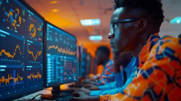 A group of young adults in bright, patterned attire focuses on computer screens filled with financial data, charts, and graphs in a contemporary office space at dusk. photo