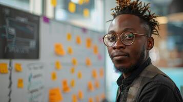 A young man with glasses sits at a desk, intently focusing on his work in a modern office filled with sticky notes, showcasing creativity and collaboration. photo