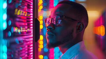 A man wearing glasses observes a server rack illuminated by vibrant lights, showcasing a blend of technology and innovation in a modern data center environment. photo