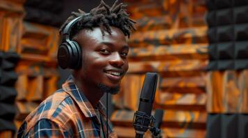 A young man with stylish hair and headphones smiles while singing into a microphone in a colorful recording studio designed for sound quality, bright lights filtering through. photo
