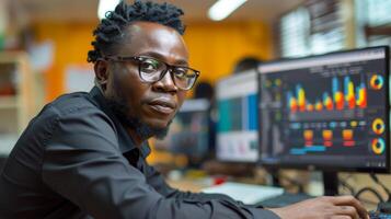 A focused individual works on data analysis, surrounded by advanced technology in an office environment, showcasing graphs and digital information on computer monitors. photo