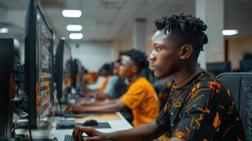 A group of young students focuses intently on computer screens, developing coding skills with a mix of excitement and determination in a modern lab setting. photo