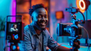 Young content creator smiles while sitting at a desk, preparing to film under vibrant studio lights and utilizing professional camera equipment for his projects photo