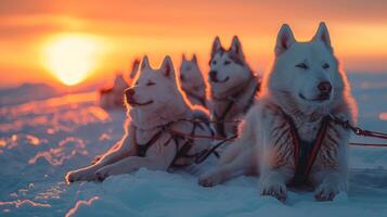 Group of huskies rests on a snowy terrain basking in the warm glow of a sunset, showcasing their fur and sledding gear in a serene winter environment. photo