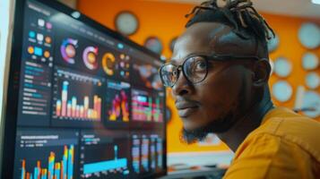 A focused data analyst examines detailed graphs and charts on a large screen, surrounded by a lively orange backdrop in a modern office filled with clocks. photo