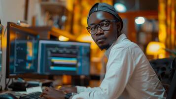A focused young man wearing glasses and a cap sits at his desk, using a computer while surrounded by warm lights and books in a cozy home office setting. photo