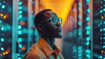 A young man dressed in a vibrant shirt stands confidently in a futuristic server room. Colorful lights create a dynamic atmosphere as he contemplates the impact of technology. photo