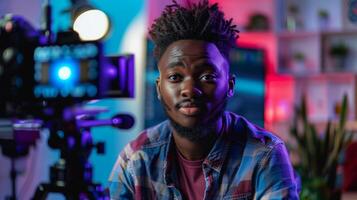 A young filmmaker sits confidently in front of a camera in a vibrant studio, showcasing bright lights and decorative plants, ready to shoot creative content. photo
