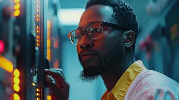 A technician is intently observing a control panel filled with glowing lights and switches. The workspace is illuminated in hues of blue and orange, creating a vibrant atmosphere during the evening. photo