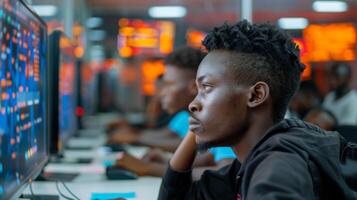 A group of young adults focuses on coding and programming tasks in a contemporary computer lab setting at night. Bright screens reflect their concentration and teamwork. photo