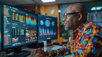 Focused individual in a colorful shirt examines multiple screens displaying financial data and market analysis in a busy office environment during work hours photo