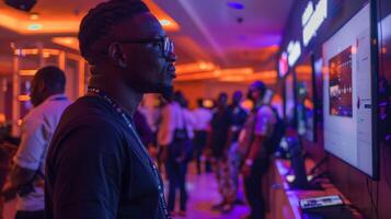 A man stands closely to technology screens in a vibrant exhibition space filled with colorful lighting while various attendees network and interact with displays in the background photo