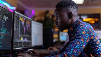 A young man intensely engages with multiple computer screens, analyzing data and writing code in a vibrant office environment during the evening. photo
