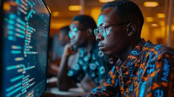 Two programmers focus on their screens, coding diligently in a vibrant tech hub filled with glowing displays and an energetic atmosphere during the night. photo