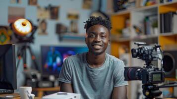 A young man with short, styled hair sits in a creative studio setting, smiling warmly at the camera while surrounded by various recording equipment and a computer. photo