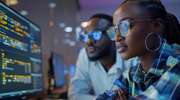 Two professionals focus intently on coding, surrounded by computer screens displaying data in a well lit office. Their teamwork highlights the importance of collaboration in technology. photo