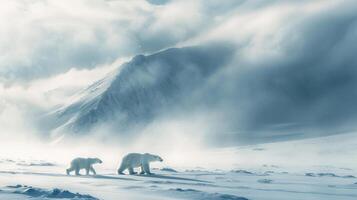 In a cold, snowy environment, two polar bears walk across the landscape with a towering mountain range in the background, embodying the tranquility and harshness of the Arctic wilderness. photo