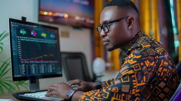 A focused young professional works on a computer, analyzing stock market graphs and data in a sleek office environment while city lights glow in the background during the evening. photo