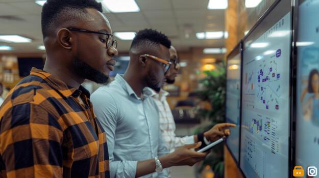 Three men wearing stylish attire are focused on a large digital screen filled with charts and graphs in a contemporary workspace, engaged in data analysis and discussion. photo