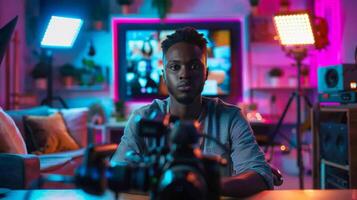 A young man is focused and seated in a creative studio, surrounded by professional cameras and vibrant lighting, ready for a filming session in an engaging environment. photo