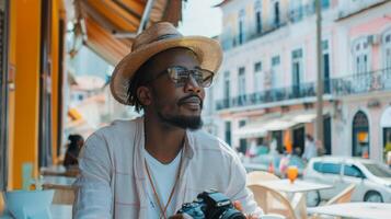 A man dressed in a light shirt and straw hat sits at a cafe table, gazing thoughtfully while holding a camera, surrounded by bright architecture and street activity. photo