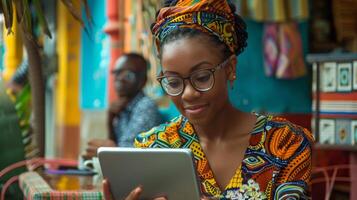 A young woman dressed in a patterned outfit uses a tablet with concentration in a lively cafe. A man in the background appears to watch her, surrounded by bright colors. photo