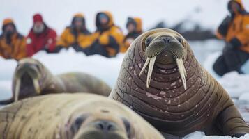 Several walruses are lounging on ice, while a group of tourists in bright jackets watches from a distance in a cold Arctic setting under a cloudy sky. photo