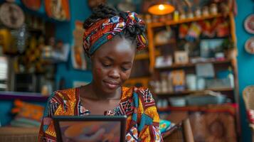 A woman dressed in a bright, patterned outfit focuses intently on a tablet in a lively cafe adorned with handmade decorations. The atmosphere is warm and inviting. photo