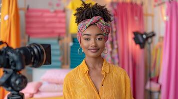 A confident young woman stands in a bright studio adorned with colorful fabrics, ready for a photo shoot. She wears a stylish headwrap and a cheerful top, exuding creativity and positivity.