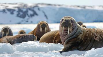A group of walruses relaxes on ice floes in a chilling arctic setting. The icy water contrasts with their large, blubbery bodies as they enjoy the sunlight. photo