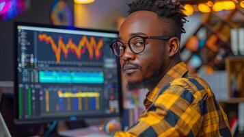 A dedicated individual focuses on editing and analyzing digital content in a contemporary workspace filled with colorful decorations and high tech equipment. photo