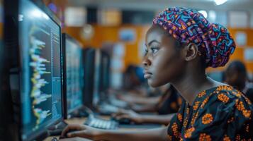 A focused young woman is coding at a computer, showcasing a colorful learning atmosphere filled with fellow students, engaged deeply in technology and programming. photo