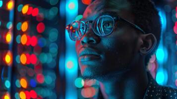 A young man with glasses looks upwards, reflecting an introspective mood, surrounded by vibrant neon lights creating a striking atmosphere in a city at night. photo