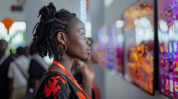 A young woman admires colorful digital artwork on display during an art exhibition, surrounded by other attendees engaged in exploration and appreciation. photo