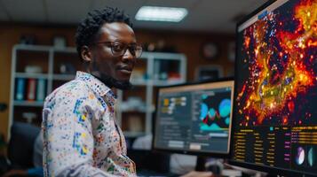 A focused data analyst is sitting in a modern office, analyzing colorful data visualizations on large monitors while wearing glasses and a patterned shirt. photo