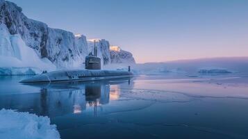 A submarine emerges from icy waters at dawn, surrounded by towering glacial cliffs. The pastel colors of the sky reflect off the calm water, highlighting the serenity of polar exploration. photo