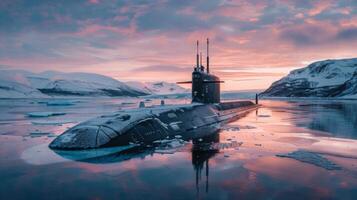 A submarine emerges from icy waters during dawn, reflecting vibrant colors of the sunrise. Snow capped mountains and drifting ice create a serene, chilly environment. photo