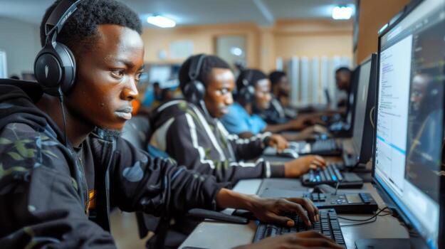 grupo de estudiantes enfocado en programación Tareas dentro un computadora laboratorio equipado con múltiple estaciones de trabajo y software, Fomentando colaboración y técnico habilidades desarrollo. foto