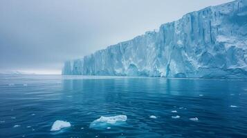 Towering ice formations rise dramatically above the tranquil sea, with pieces of ice drifting in the foreground, all enveloped in a gray atmosphere during the early morning light. photo