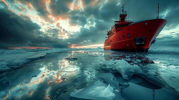 A bright red icebreaker ship cuts through icy waters as dramatic clouds and reflections enhance the twilight atmosphere of the chilly landscape. photo